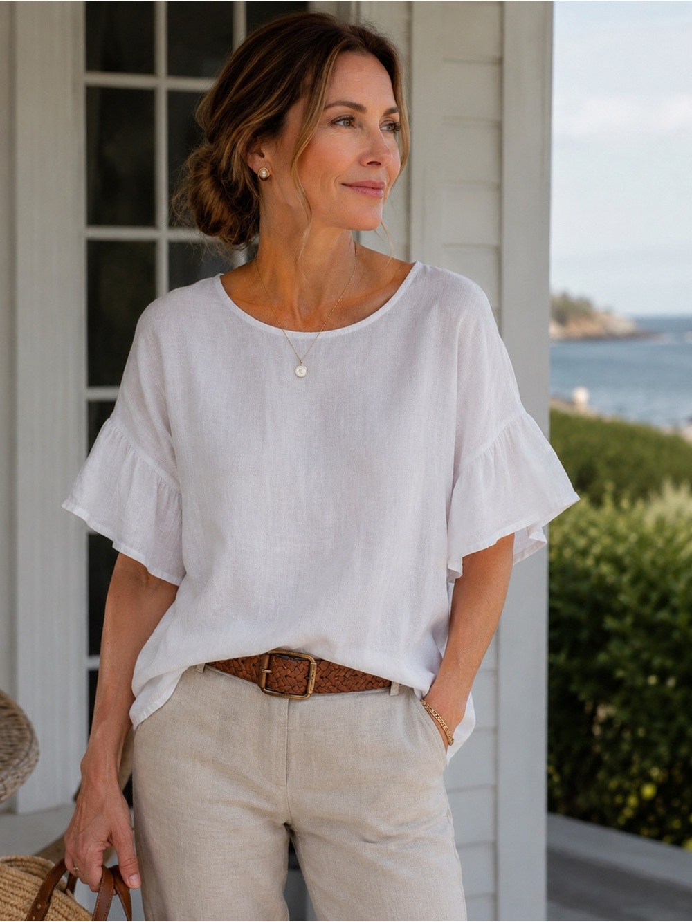Elena Baldi Italian Linen White Ruffle Sleeve Blouse Coastal Lagenlook EUC M